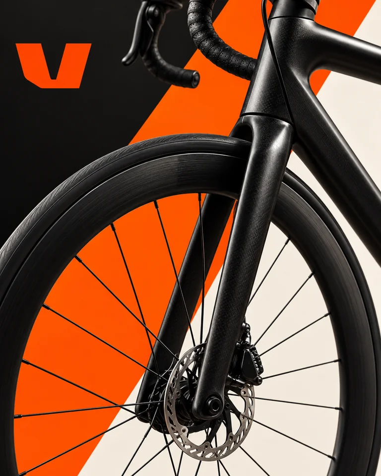 V-Ride campaign design with carbon bicycle details and orange accents